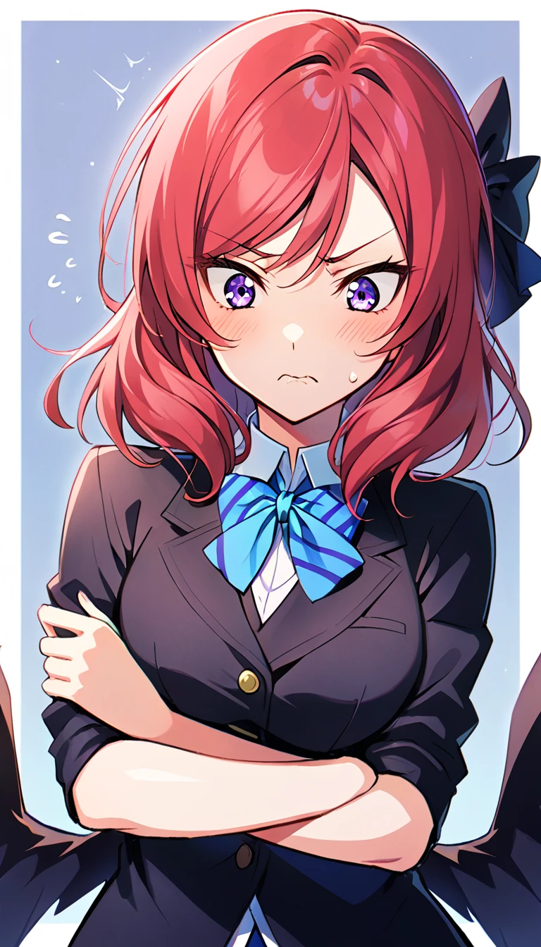 1girl, nishikino maki, upper body, otonokizaka ,id_maki_nishikino,She has her arms folded, She has her arms folded, her face turned to the side, and looks a little angry and displeased.