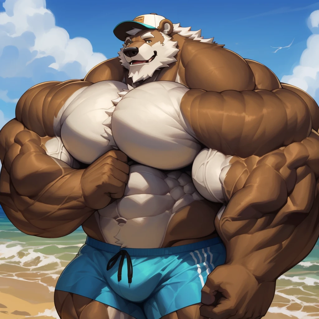 huge muscular old grizzly bear, at the beach, wearing gym hat, black swim trunks, happy, pectoral, thick brown fur, thick arms, huge pectoral, hyper pectoral, extremely huge pectoral, wide pectoral, white hair, white beards, masterpiece, semirealistic:1.2, high detailed, 8k, high resolution, perfect center, full view. ((really big muscle, massive muscular, wide shoulders, six pack, thick arms, wide pectoral, super huge muscle, hyper muscular, over sized muscle, huge arms, big arms, huge pectoral))