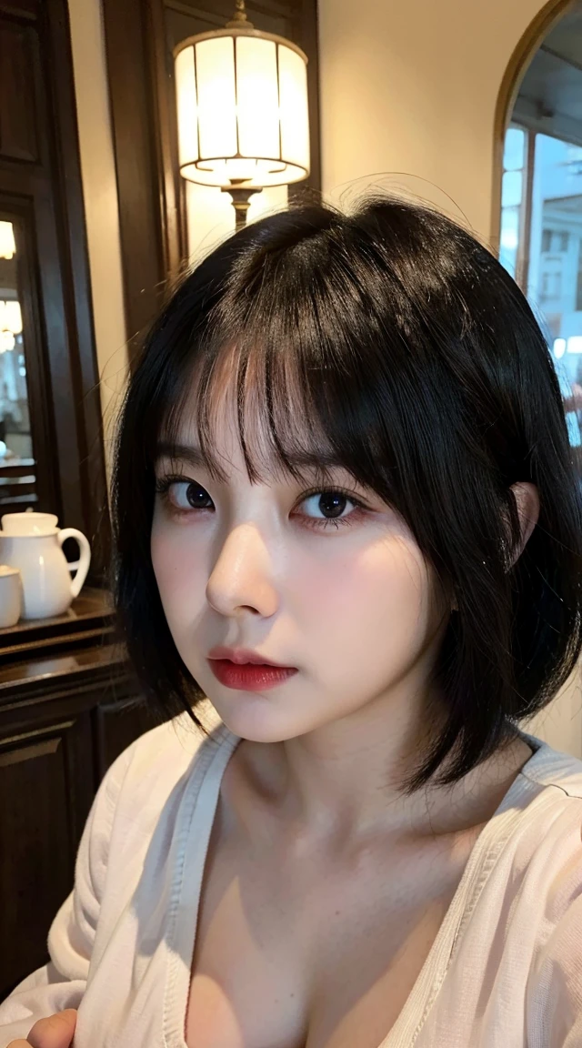 (Highest quality、8K、32k、masterpiece、Best Quality、Realistic）)、Black Hair、Short bangs、Medium Hair、Big Breasts、（Selfie、See-through:1.3）

