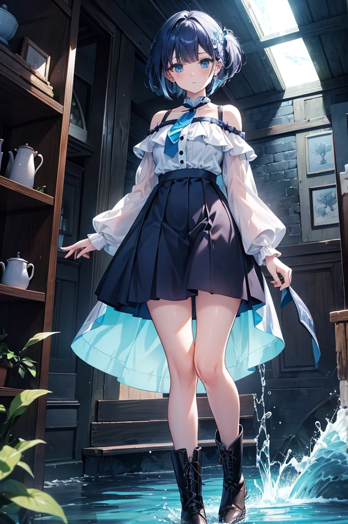 20 years old, with short dark blue hair to the shoulders, a serious yet tender expression, and bright light blue eyes. She dresses in an antique style, wearing a long dark blue skirt that reaches her knees, and small dark brown boots up to her ankles. Her white blouse is long-sleeved, covering her fingers slightly, and falls off one shoulder, leaving it exposed. She possesses water powers and has a water-themed background. 