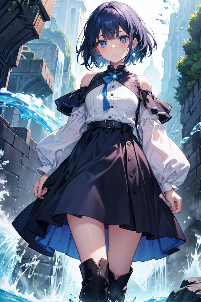20 years old, with short dark blue hair to the shoulders, a serious yet tender expression, and bright light blue eyes. She dresses in an antique style, wearing a long dark blue skirt that reaches her knees, and small dark brown boots up to her ankles. Her white blouse is long-sleeved, covering her fingers slightly, and falls off one shoulder, leaving it exposed. She possesses water powers and has a water-themed background. 
