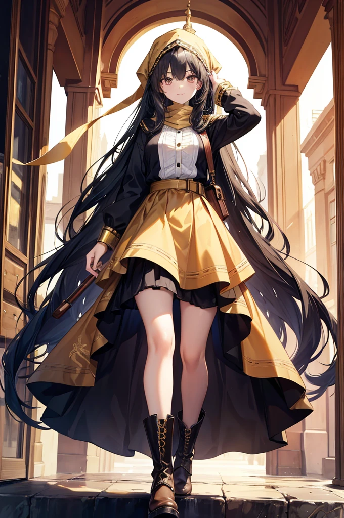 "Tall Girl, 20 years old, with long black hair down to her waist, golden eyes, and smile. She dresses in an antique style, She wears a brown skirt longer on one side than the other, large brown boots up to the knees with lots of ribbons, a backpack, a white blouse, and a hijab on her head. , She possesses golden powers and has a golden-themed background." 