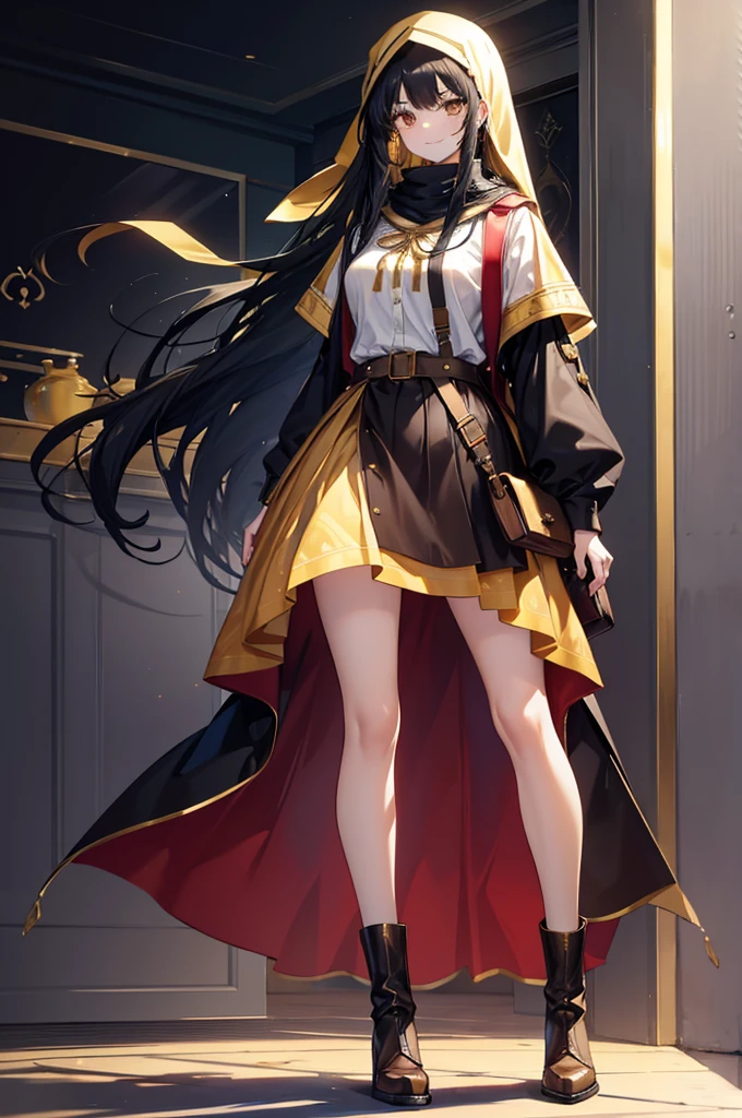 "Tall Girl, 20 years old, with long black hair down to her waist, golden eyes, and smile. She dresses in an antique style, She wears a brown skirt longer on one side than the other, large brown boots up to the knees with lots of ribbons, a backpack, a white blouse, and a hijab on her head. , She possesses golden powers and has a golden-themed background."