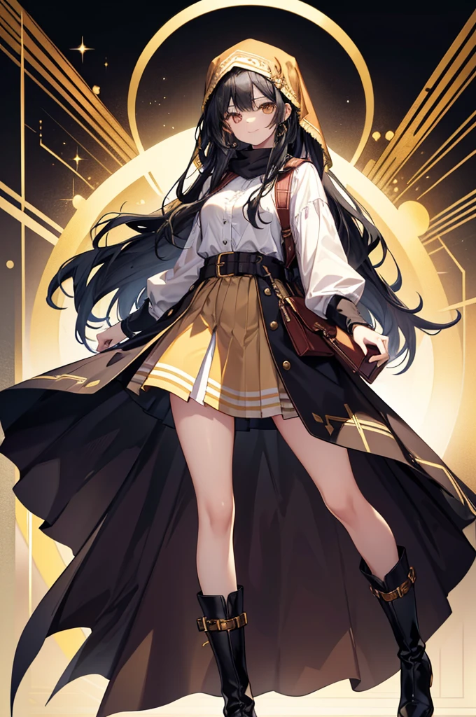 "Tall Girl, 20 years old, with long black hair down to her waist, golden eyes, and smile. She dresses in an antique style, She wears a brown skirt longer on one side than the other, large brown boots up to the knees with lots of ribbons, a backpack, a white blouse, and a hijab on her head. , She possesses golden powers and has a golden-themed background." 