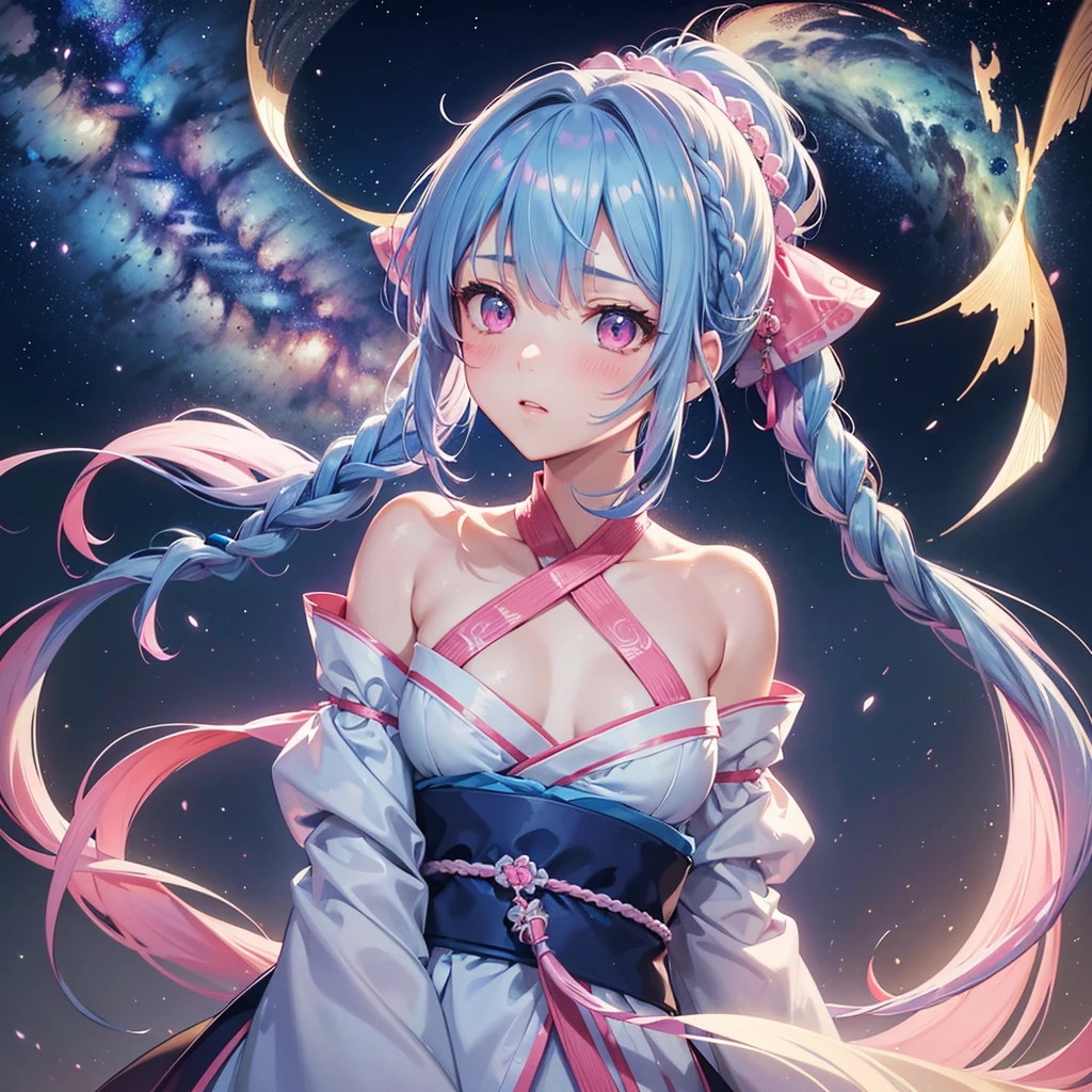 Sky blue hair, (One braided ponytail),(Pink Eyes),Fair skin ,(whole body),(One girl),Hanfu,The goddess,Tanabata,(A beautiful Milky Way in the night sky),Stern face,Blushing,Straight bangs,(masterpiece, Highest quality, Very detailed, Best Shadow), (Detailed Background), (Beautifully detailed face), High Contrast, (Best lighting, Very delicate and beautiful), ((Cinematic Light)), colorful, Hyper Detail, Dramatic Light, Intricate details,