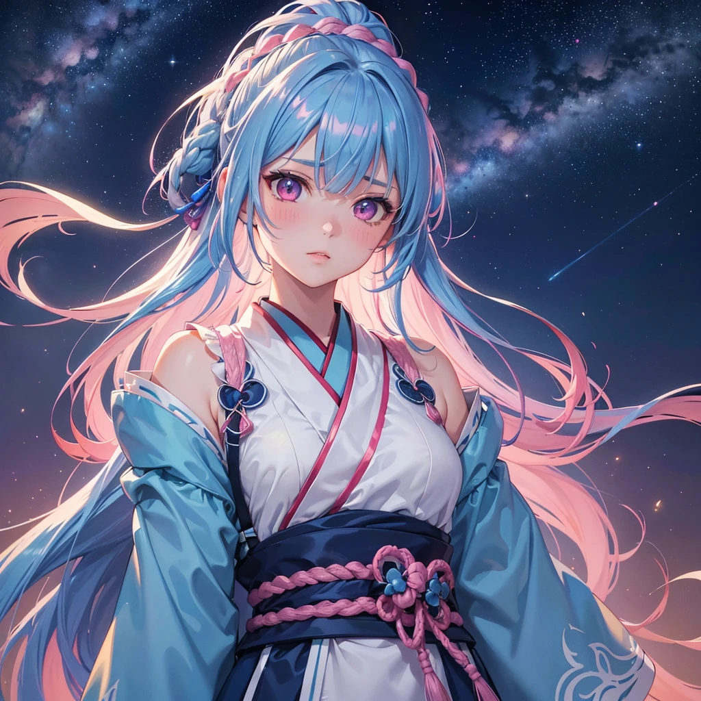 Sky blue hair, (One braided ponytail),(Pink Eyes),Fair skin ,(whole body),(One girl),Hanfu,The goddess,Tanabata,(A beautiful Milky Way in the night sky),Stern face,Blushing,Straight bangs,(masterpiece, Highest quality, Very detailed, Best Shadow), (Detailed Background), (Beautifully detailed face), High Contrast, (Best lighting, Very delicate and beautiful), ((Cinematic Light)), colorful, Hyper Detail, Dramatic Light, Intricate details,