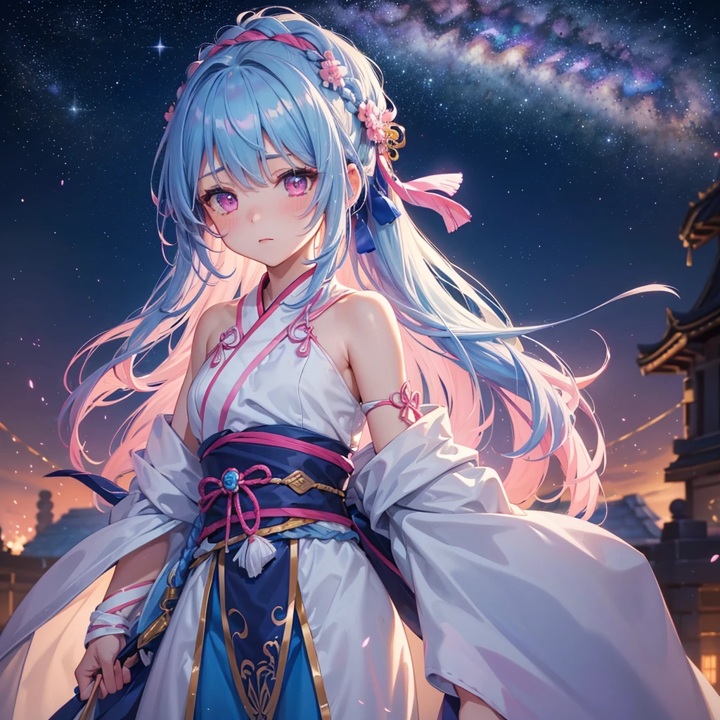 Sky blue hair, (One braided ponytail),(Pink Eyes),Fair skin ,(whole body),(One girl),Hanfu,The goddess,Tanabata,(A beautiful Milky Way in the night sky),Stern face,Blushing,Straight bangs,(masterpiece, Highest quality, Very detailed, Best Shadow), (Detailed Background), (Beautifully detailed face), High Contrast, (Best lighting, Very delicate and beautiful), ((Cinematic Light)), colorful, Hyper Detail, Dramatic Light, Intricate details,