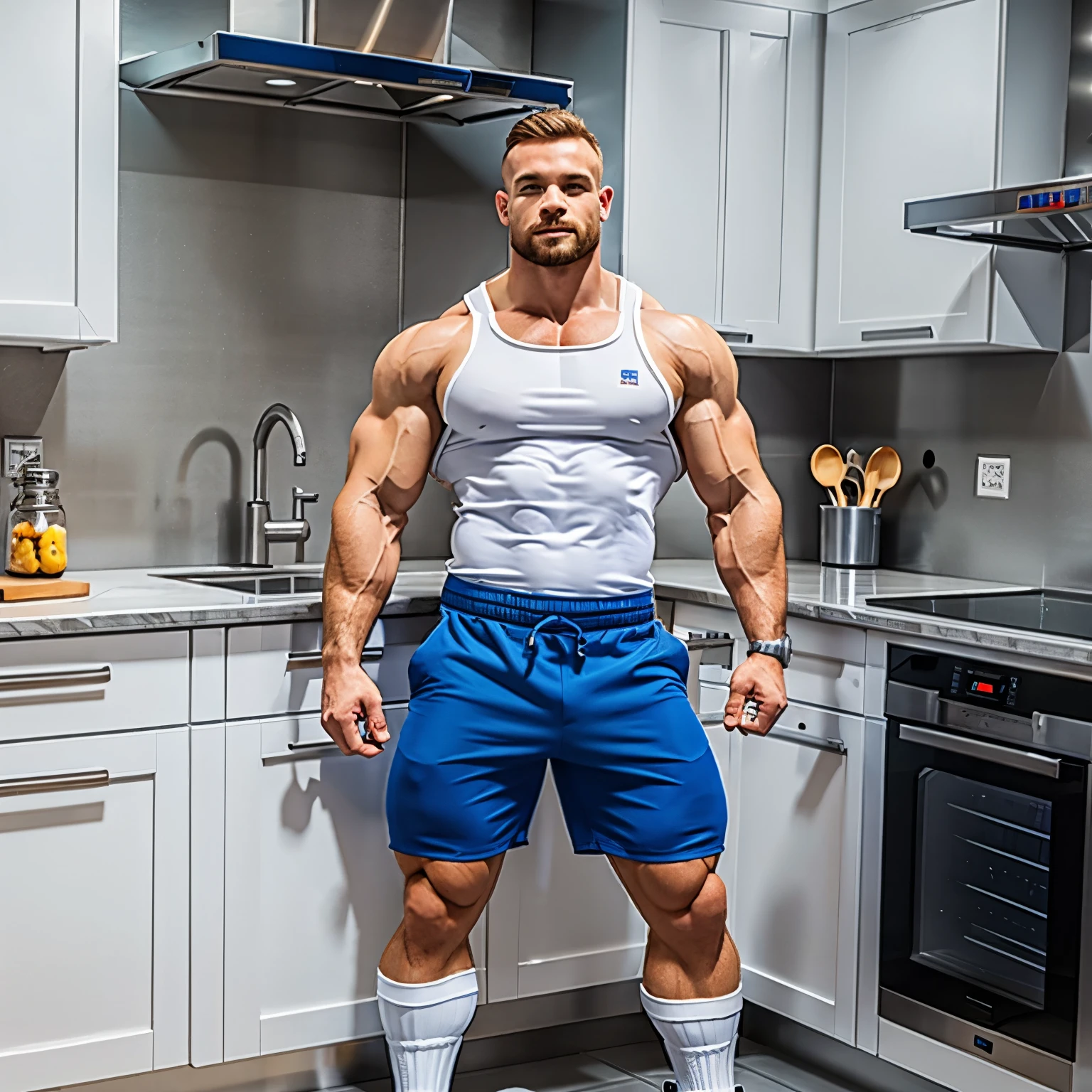 full view, full body Mutant white european bodybuilder plumber in shorts, huge work boots and large white socks, working in a kitchen
