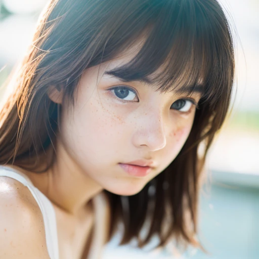 lens: 135mm f1.8,(highest quality),(Tabletop:1.1), (Beautiful 14 year old Japanese girl), (Moist lips), Narrow eyes, double eyelid,Delicate clavicle,Flat Chest,Shortcuts,
(Let's take another look), (close:1.4), shame, A faint smile,
(Speckled sunlight:1.2), Dramatic lighting,
(White camisole), (Sunburned skin:0.2),Full body photo、Full Body Focus