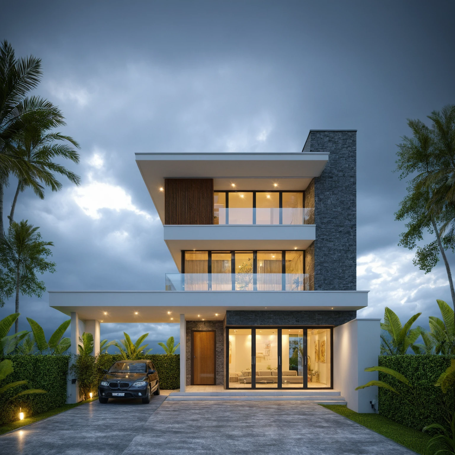 modern villa on street, (overcast lighting:1.2), tropical tree, vivid color, streetcapes, nice sky, grey wood and white tone, (large glass door:1.2), warm interior lighting, modern material, best quality, ultra realistic, masterpiece, 17ArchiAI_XL_VL-v1