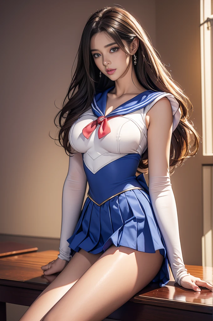 Movie Scenes, Fantasy art, Best image quality, Surreal Portraits,(8K),Ultra-realistic,最high quality ,high quality, High resolution, High quality texture,High detail, beautiful, detailed, Extremely detailed CG,Detailed texture,Realistic facial expressions, masterpiece, in front,dynamic,bold,1 Girl, Yuki Mori:1.5, 1 female, 25 years old, light brown hair, long hair, up bang hair, floating hair, Highly detailed skin,curve,,Beautiful breasts,medium Breasts, Pale skin, Pointed Chest, Erect nipples,),{Highest quality}, {とてもbeautiful}, {Super detailed}, {最高のAn illustration}, masterpiece,{{{{{skirt lift:1.5}}}}},{{{{{show off blue panties:1.9}}}}},garter belt:1.2,((sailor moon)), Cute chest ribbon, (Soft fitting suit)、(ウルトラmini skirt),Red Cowboy Shot,smooth udder、big 、(Golden Ratio,Tabletop, Highest quality, Highest quality, Official Art, beautifully、beautiful:1.2), Very detailed, colorful,Best details,An illustration, Great scene, Sailor Moon Costume:1.5, sailor moon Costume:1.5, mini skirt,Knee socks, Thighs, gem, A look of contempt