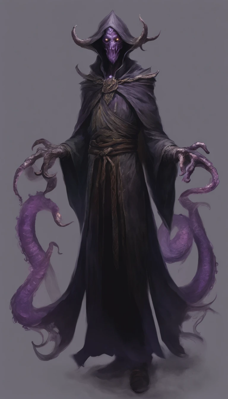 d & d lich, mindflayer, ilithid mind flayer, from pathfinder, mind flayer, portrait of a mind flayer, steel inquisitor from mistborn, d&d dark sun character art, lich demon mage class。Mind flayer,Inspired by Dungeons & Dragons,Inspired by Baldur's Gate 3,Full body concept art illustration of Mind Flayer。The character has human-like proportions,tall、slim and muscular。The character has Octopus-like head。The character has 4 tentacles extending from its face,Light purple skin,Almost Blue。The character is Wearing a mysterious black mask。The character is dressed in exquisite、Luxurious black academic robes and ornate leather boots。Background is blank