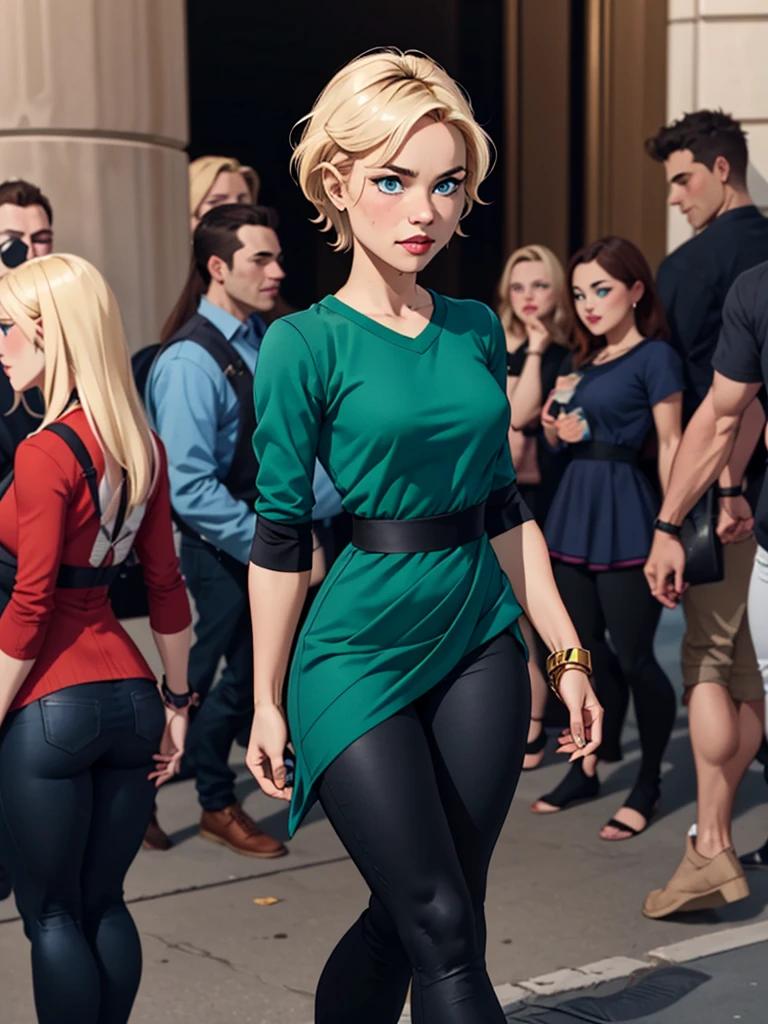 Young female, with short blonde hair, blue eyes, with a long-sleeved green dress shirt, wearing an armband on her right arm, Blue armband with the Greek Sigma symbol, wearing tight black pants