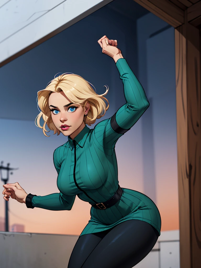 Young female, with short blonde hair, blue eyes, with a long-sleeved green dress shirt, wearing an armband on her right arm, Blue armband with the Greek Sigma symbol, wearing tight black pants