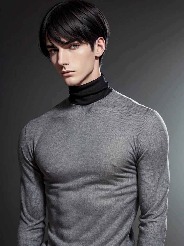 (best quality), 1boy, male, pale skin, (black hair), short hair, bangs pinned back, straight hair, grey eyes, perfect eyes, slender, tall, turtleneck sweater, stylish, elegant, serious, normal bust, masterpiece, anatomically correct, highres