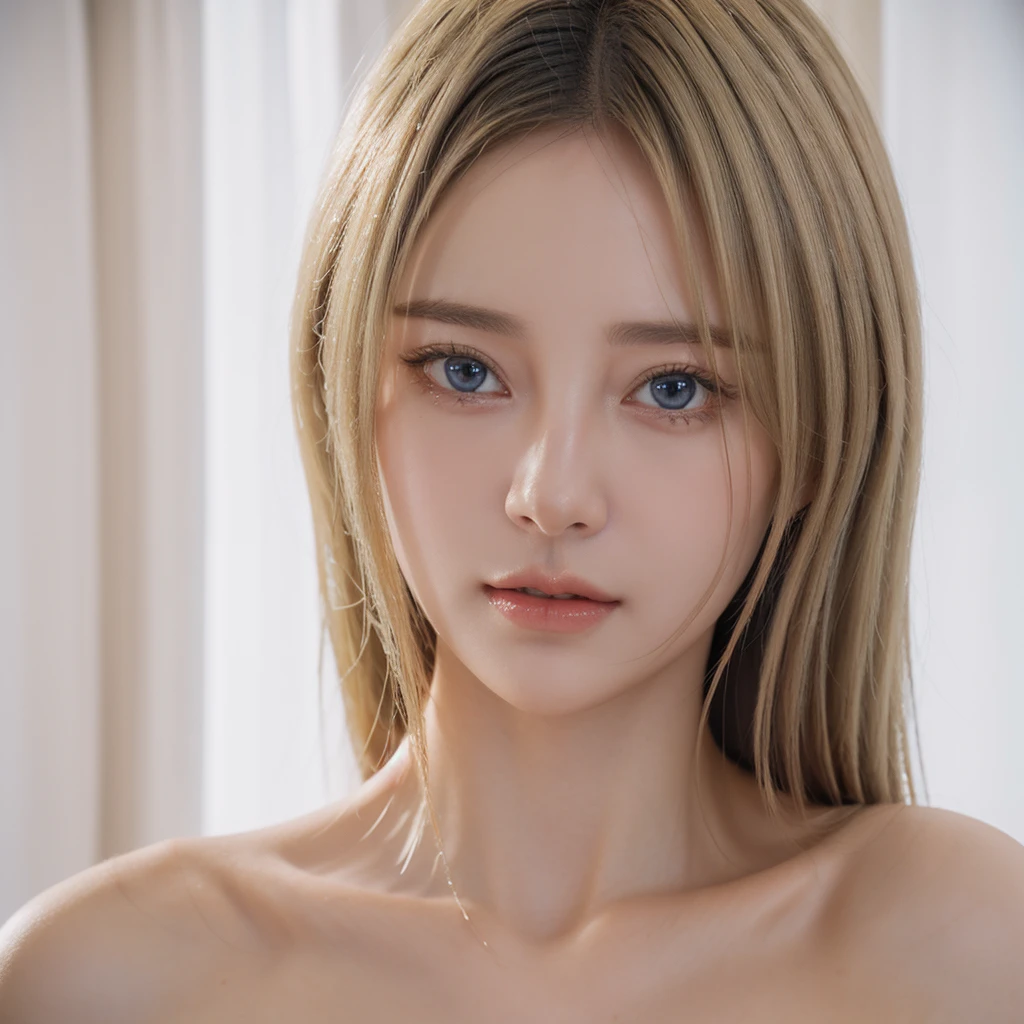 portrait, realistic, elegant mature woman, blue eyes, blonde hair, big breast, 4k resolution, beautiful cg, soft light