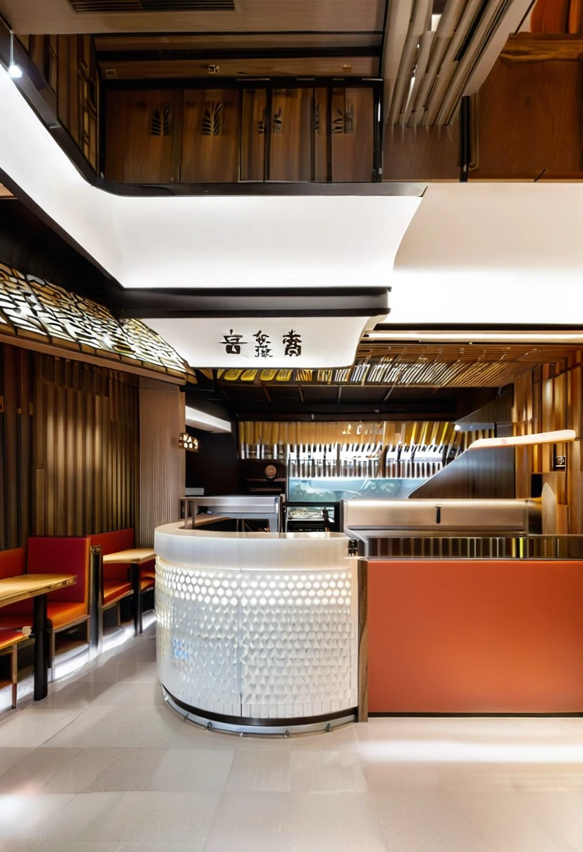 (MASTER INTERIOR DESIGNS), (GOOD DETAIL) An interior shot of a reception space in a ramen restaurant with a modern Japanese style. The space is decorated with Japanese details and has a white color scheme. The restaurant is inspired by the Hokkaido region of Japan and features mountain-themed decor. The space is well-lit and has a warm and inviting atmosphere.