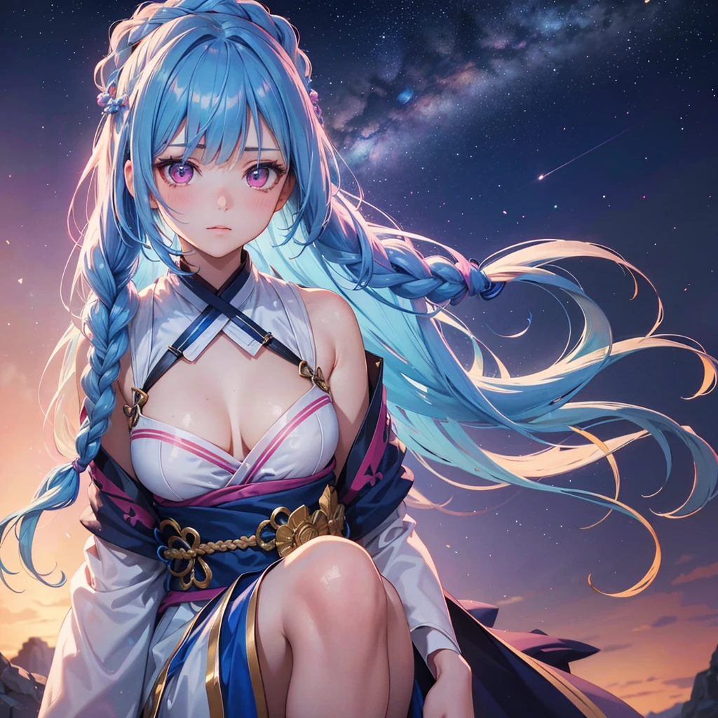 Sky blue hair, (One braided ponytail),(Pink Eyes),Fair skin ,(whole body),(One girl),Hanfu,The goddess,Tanabata,(A beautiful Milky Way in the night sky),Stern face,Straight bangs,(masterpiece, Highest quality, Very detailed, Best Shadow), (Detailed Background), (Beautifully detailed face), High Contrast, (Best lighting, Very delicate and beautiful), ((Cinematic Light)), colorful, Hyper Detail, Dramatic Light, Intricate details,