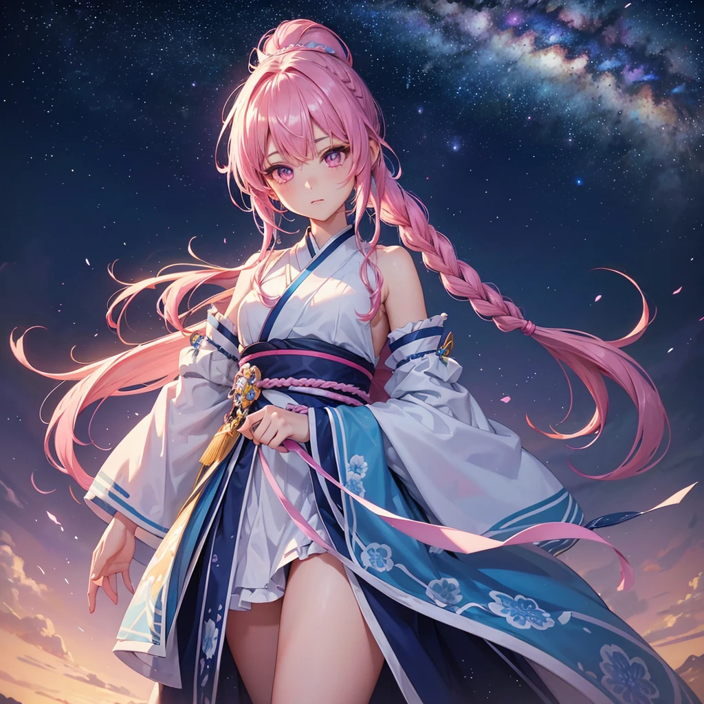 Sky blue hair, (One braided ponytail),(Pink Eyes),Fair skin ,(whole body),(One girl),Hanfu,The goddess,Tanabata,(A beautiful Milky Way in the night sky),Stern face,Straight bangs,(masterpiece, Highest quality, Very detailed, Best Shadow), (Detailed Background), (Beautifully detailed face), High Contrast, (Best lighting, Very delicate and beautiful), ((Cinematic Light)), colorful, Hyper Detail, Dramatic Light, Intricate details,