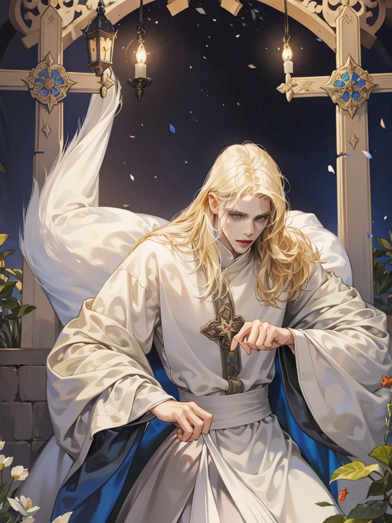 Middle Ages, One, Castlevania Lord handsome, a thin man heads a monastery, beautiful robe, white fabric clothes, A cross hangs around my neck, priest, dynamic pose, super detailed face, long hair, blonde hair, Sharp facial features, adult, handsome man, heavenly eyes, beautiful hands, in a beautiful garden