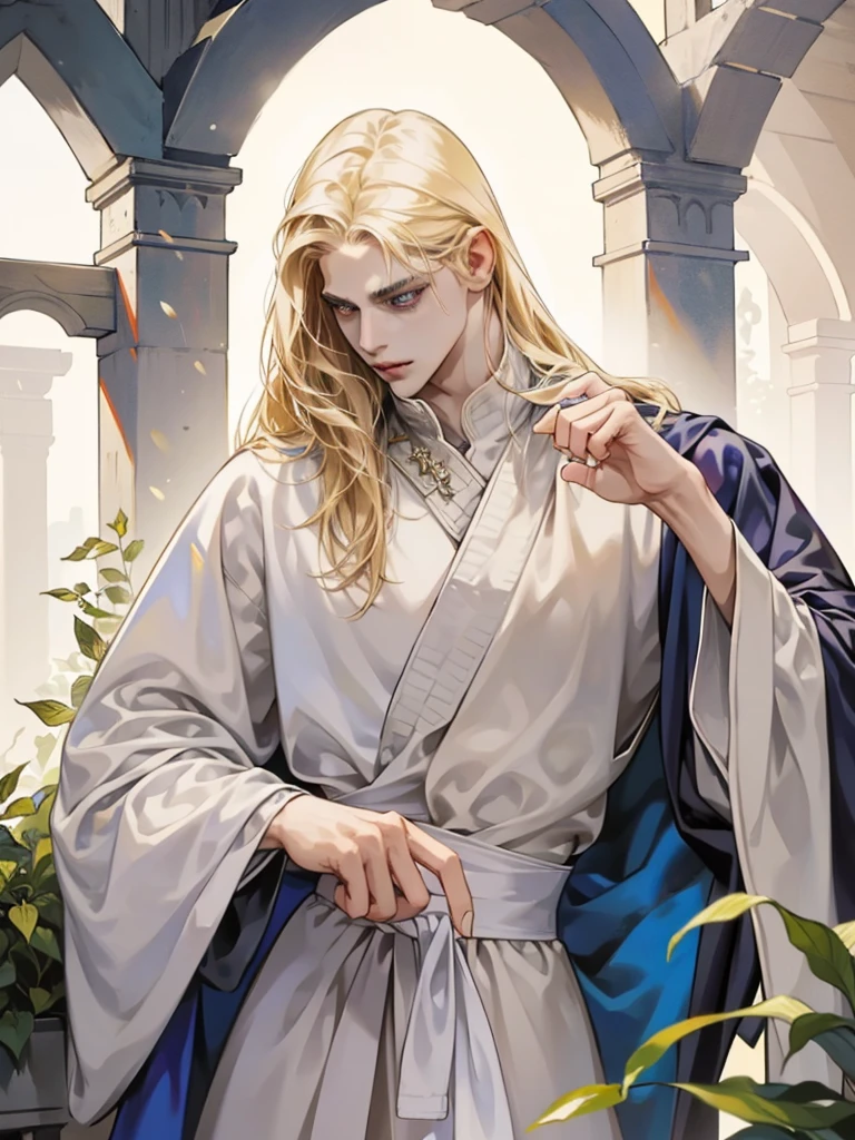 Middle Ages, One, Castlevania Lord handsome, a thin man heads a monastery, beautiful robe, white fabric clothes, A cross hangs around my neck, priest, dynamic pose, super detailed face, long hair, blonde hair, Sharp facial features, adult, handsome man, heavenly eyes, beautiful hands, in a beautiful garden