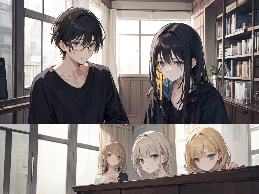 Black haired man wearing glasseuscular man、Blonde woman、Melancholy atmosphere、Three people having a conversation、30 years old、adult