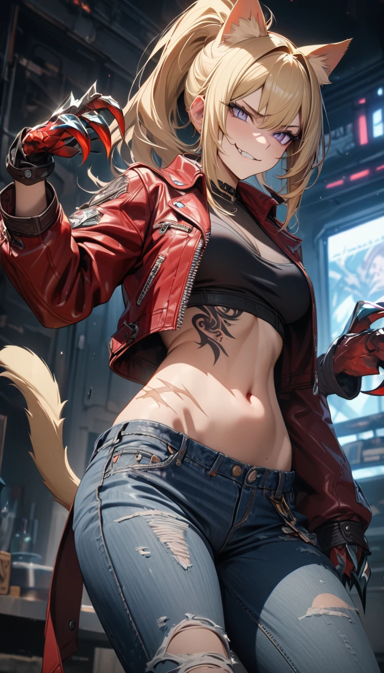 adult girl, long blonde hair, high ponytail, purple eyes, cat ears, smirk, scars, tattoo, red leather jacket, open belly, jeans shorts, cat tail, crystal claws, Masterpiece, best quality, Full HD, 8k, ultra details, great graphic