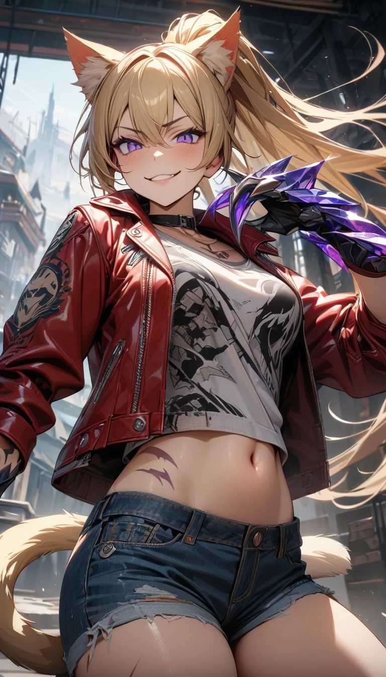 adult girl, long blonde hair, high ponytail, purple eyes, cat ears, smirk, scars, tattoo, red leather jacket, open belly, jeans shorts, cat tail, crystal claws, Masterpiece, best quality, Full HD, 8k, ultra details, great graphic