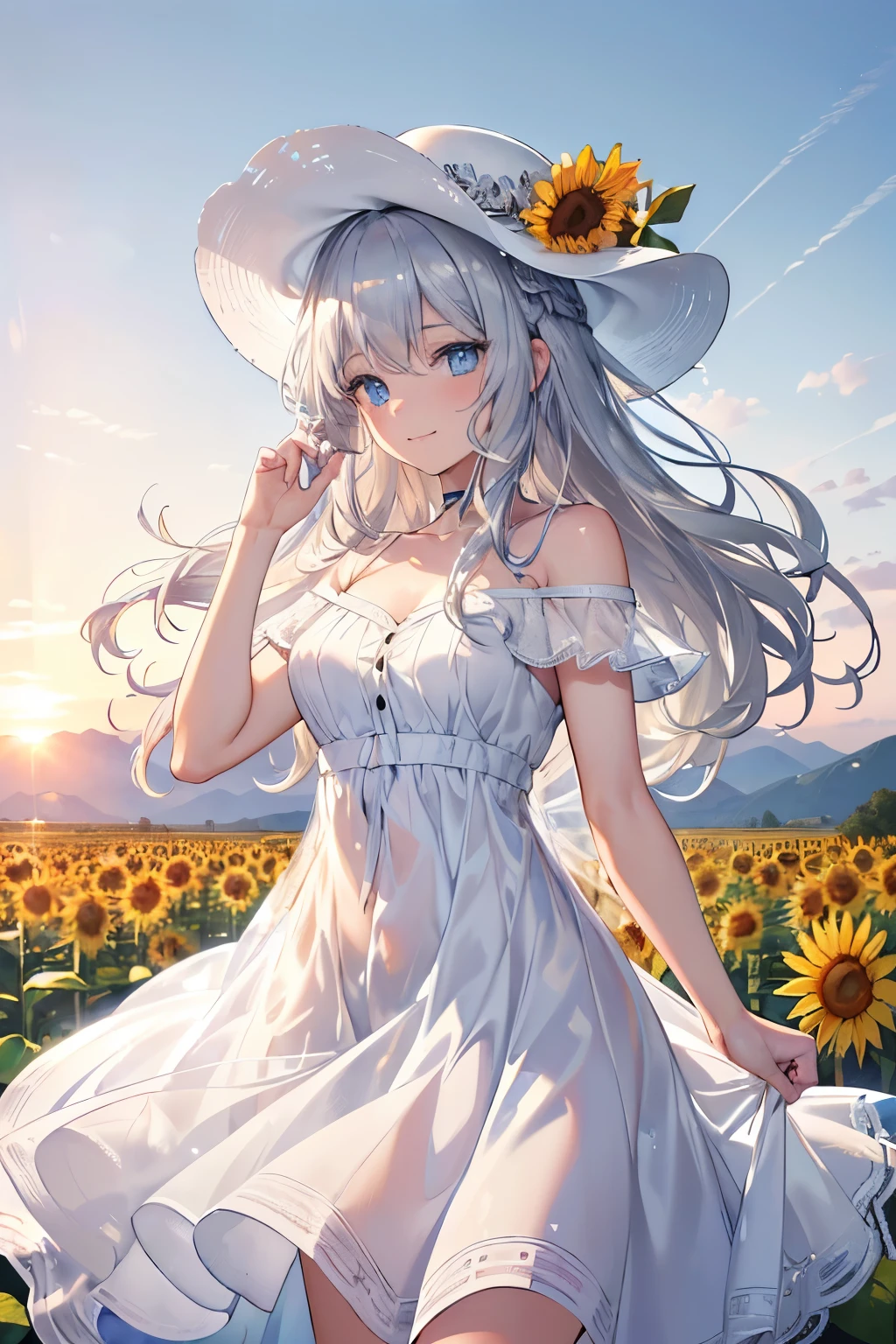 (Best quality,4K,8K,High resolution,Masterpiece:1.2),Super detailed,(Actual, Realistic),
break,
((Beautiful clear blue eyes:1.2)),
break,
((Beautiful and shiny silver hair:1.3)),natural wavy hair,shy smile,
break,
(white dress and hat:1.3),
break,
sunflower field,((bust shot)),zoom in