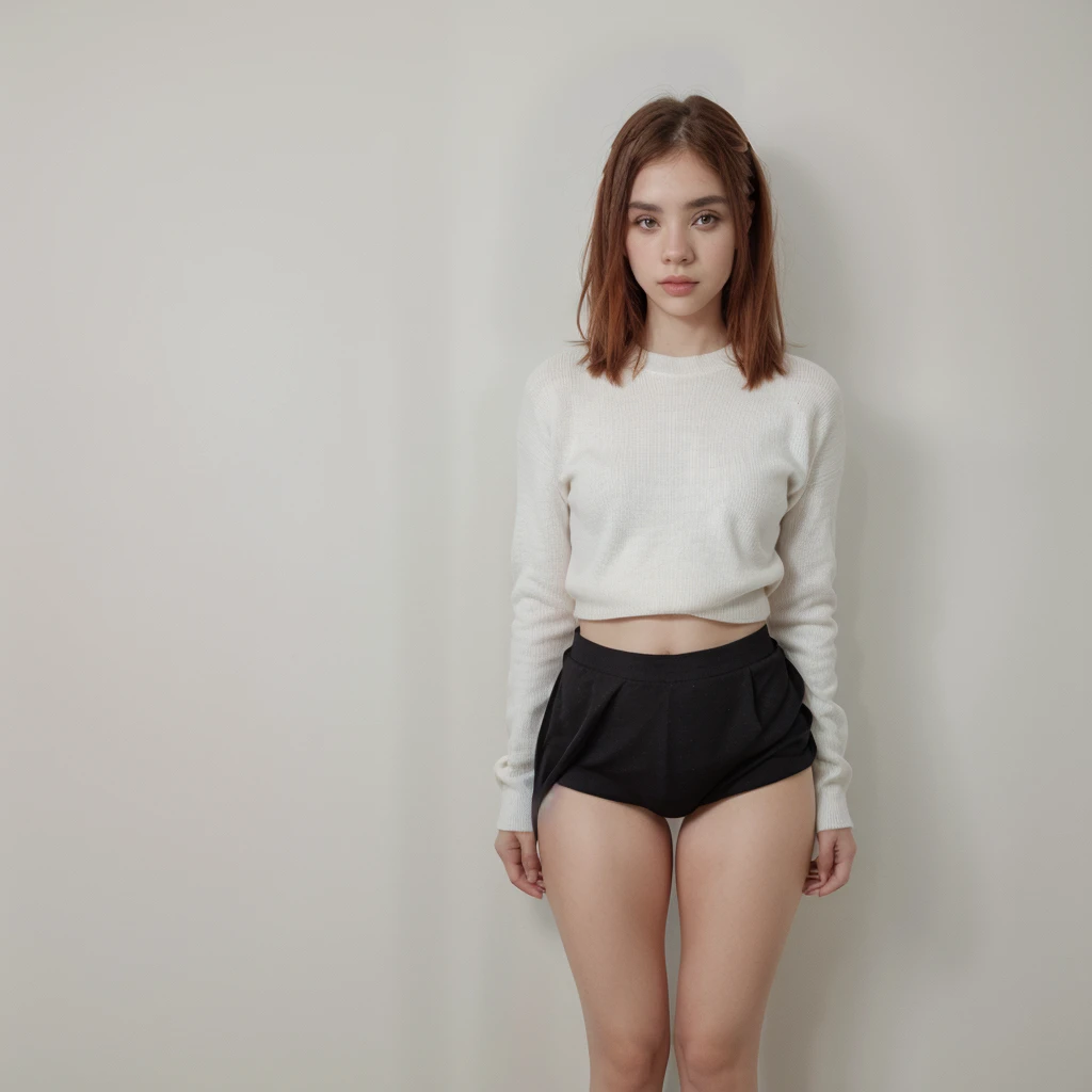 wearing a black skirt, a white shirt with a knitted sweater