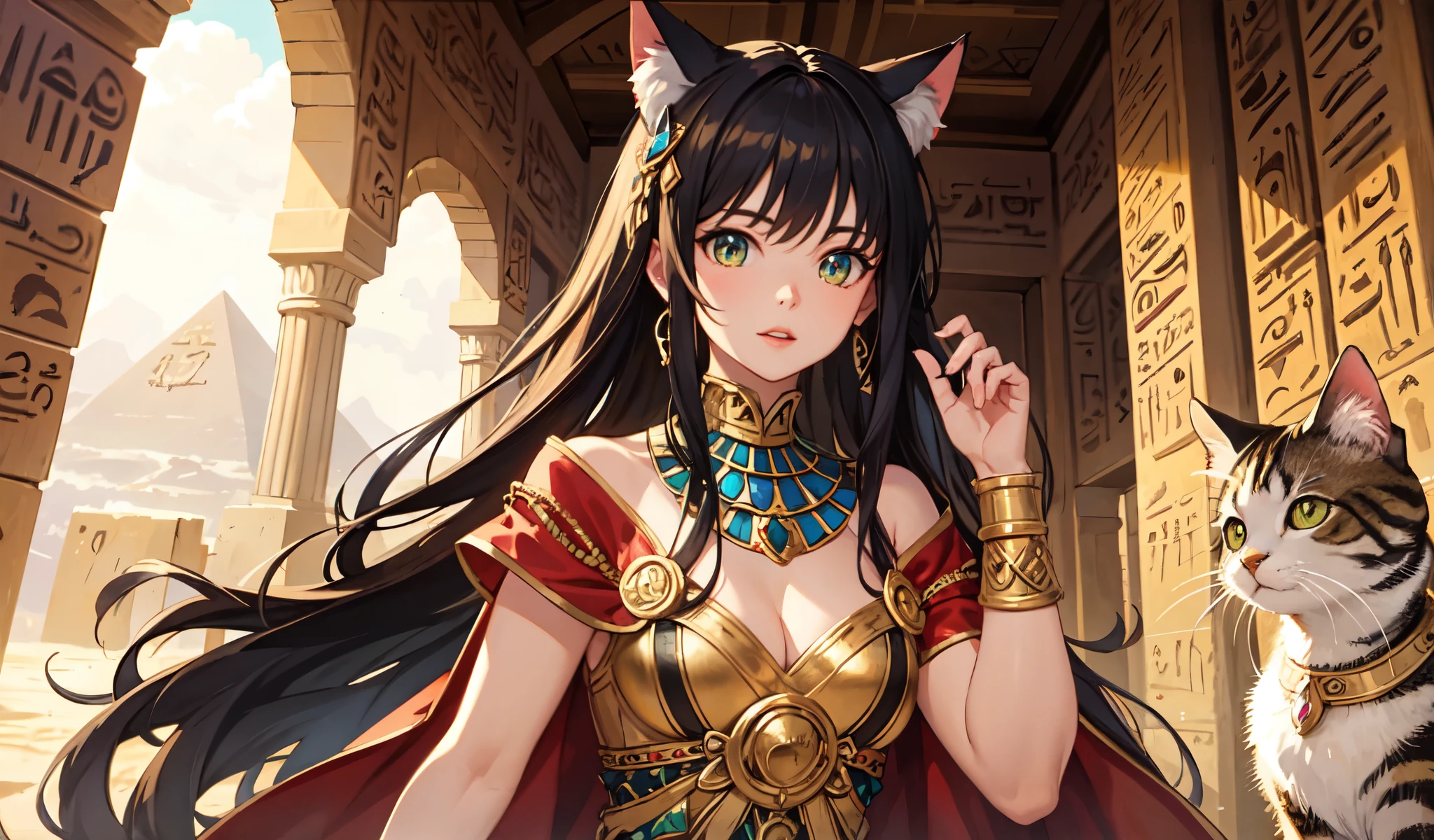 ((Highest quality)), ((masterpiece)), (detailed), 1 Cat Ear Female, celtic costume,Egypt,desert,Remains,pyramid