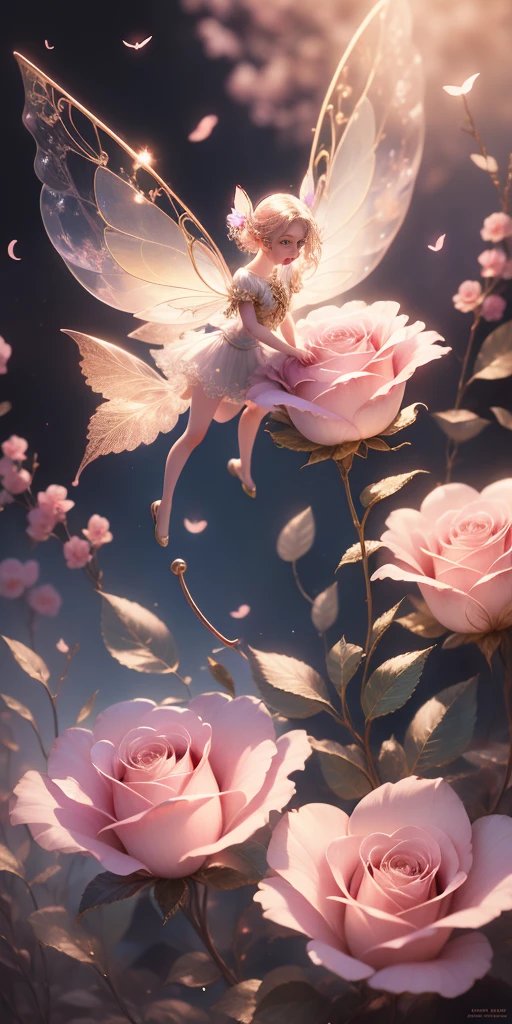 Beautiful transparent flower fairy baby, Transparent colorful wings, The wand flutters in the wind､The wand flashed with starlight，Golden wand，Beautiful blue sky and white clouds、Girls have transparent wings､kindly smile､Beautiful garden background､Gentle and transparent，anatomy correct, Delicate pattern，Pink rose space, Soft lighting, ( Bokeh)，Masterpiece, Super detailed, Epic composition, Highest quality, 8K，Epic romantic fantasy digital art，Epic fairy tale fantasy digital art，Mythological fantasy，UHD resolution，Detailed detail drawing，realisticlying，Very realistic，cinmatic lighting,an award winning photograph,rich colours，hyper realistic lifelike texture，dramatic  lighting