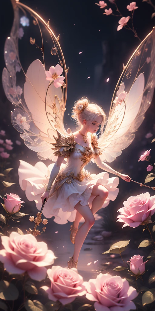 Beautiful transparent flower fairy baby, Transparent colorful wings, The wand flutters in the wind、The wand flashed with starlight,Golden wand,Beautiful blue sky and white clouds、Girls have transparent wings、kindly smile、Beautiful garden background、Gentle and transparent,anatomy correct, Delicate pattern,Pink rose space, Soft lighting, ( Bokeh),Masterpiece, Super detailed, Epic composition, Highest quality, 8K,Epic romantic fantasy digital art,Epic fairy tale fantasy digital art,Mythological fantasy,UHD resolution,Detailed detail drawing,realisticlying,Very realistic,cinmatic lighting,an award winning photograph,rich colours,hyper realistic lifelike texture,dramatic lighting