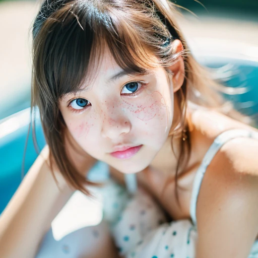 lens: 135mm f1.8,(highest quality),(Tabletop:1.1), (Beautiful 14 year old Japanese girl), (Moist lips), Narrow eyes, double eyelid,Delicate clavicle,Flat Chest,Shortcuts,
(Let's take another look), (close:1.4), shame, A faint smile,
(Speckled sunlight:1.2), Dramatic lighting,
(White camisole), (Sunburned skin:0.2),Full body photo、Full Body Focus、Toes