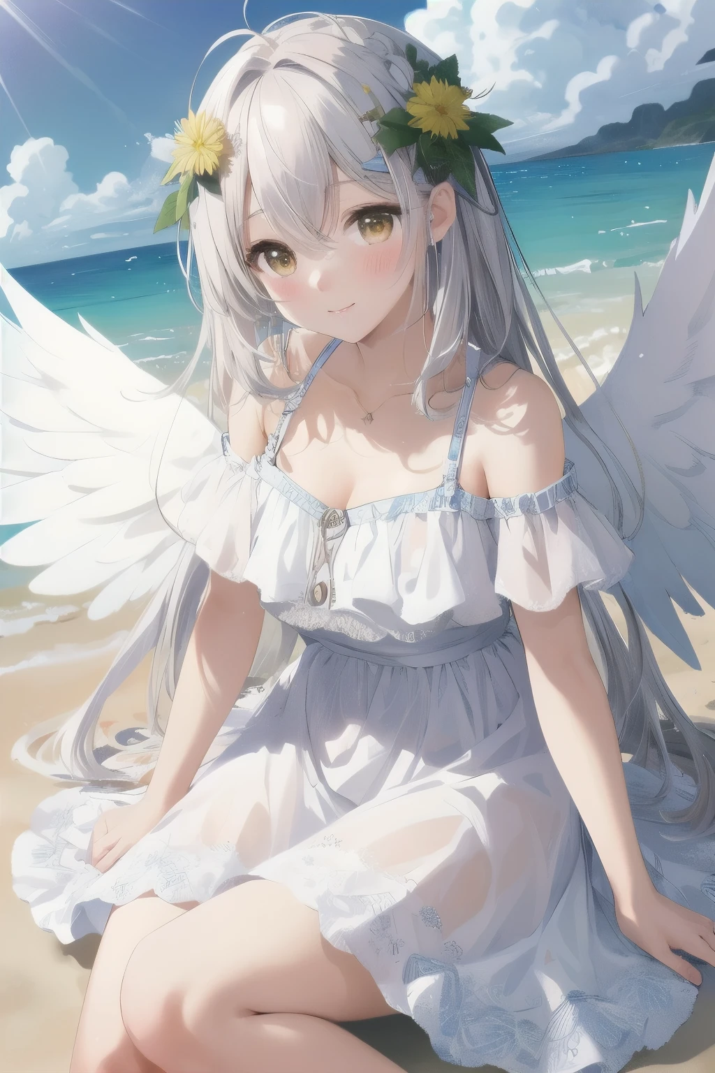 (masterpiece:1.2, best quality:1.1, highres,absurdres, high quality),(photorealistic:1.1),reflected light, colorful,ultra-detailed, ultra hd, super detailed, glowing, solo focus, angel, white hair, antenna hair,, yellow eyes, cute face, blush, long white dress, beach dress, angel halo, white wings,beach background