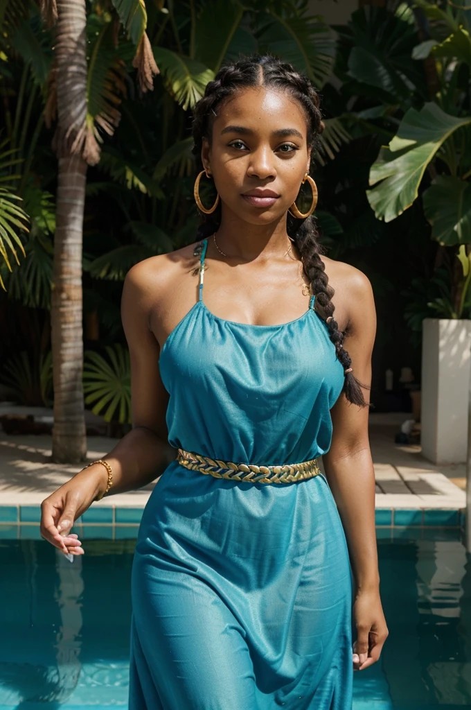 "Selfie of an African American woman with neatly braided hair and gold earrings. She is wearing an elegant, fitted, long dark blue dress. The background shows a turquoise swimming pool and tropical decor. The photo is very realistic, capturing every detail of his face and clothing."