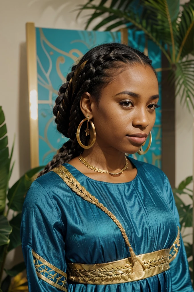 "Selfie of an African American woman with neatly braided hair and gold earrings. She is wearing an elegant, fitted, long dark blue dress. The background shows a turquoise swimming pool and tropical decor. The photo is very realistic, capturing every detail of his face and clothing."