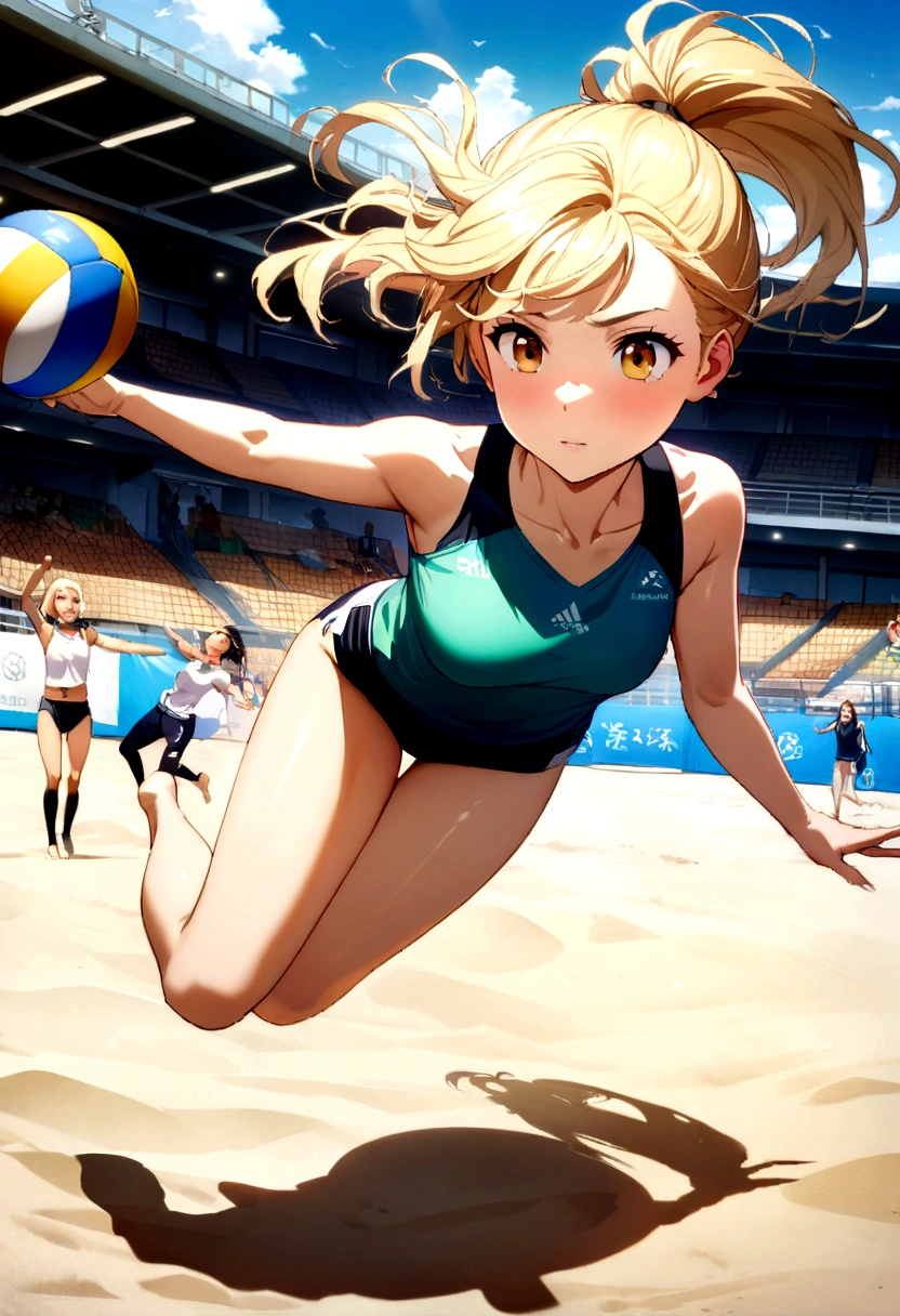 (masterpiece, Highest quality, shape, Subtle details, 8K:1.2),(非常に詳細な CG ユニティ 8K 壁紙), (Highest quality), (Best illustrations), (human),(woman:1.2), (Perfect Anatomy:1.2), (Beautiful blonde hair:1.2) , Disheveled Hair,Shiny Hair,Thready hair,Delicately written hair,美しいhumanのキャラクターの絵, Beautiful character drawings, , Smooth anime CG art,(Photo shoot by a professional photographer:1.2),(Best Shadow), Realistic lighting, ,(Beach Volleyball:1.2),(Jump),(Vibrant:1.2),(ponytail:1.2),Omi、Olympic,Field in the daytime(透けないBeach Volleyballのウェア),(Jumping moment:1.2)、(Sand),(Athlete&#39;s Perspective:1,3)、Breakthrough angles