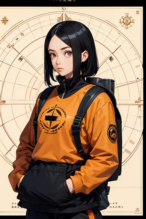 Female Explorer Orange jumper Shoulder-length black hair Almond-shaped eyes Large backpack、compass map