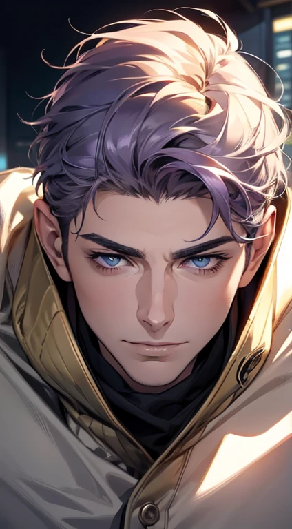 (best quality,4k,8k,highres,masterpiece:1.2),ultra-detailed,(realistic,photorealistic,photo-realistic:1.37),1 man,31 years old,mature man,very handsome,without expression,smile,short grey purple hair,blue eyes,penetrating gaze,perfect face without errors,imposing posture,businessman,office background,cinematic lighting,hdr image