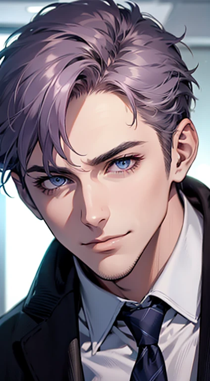 (best quality,4k,8k,highres,masterpiece:1.2),ultra-detailed,(realistic,photorealistic,photo-realistic:1.37),1 man,31 years old,mature man,very handsome,without expression,smile,short grey purple hair,blue eyes,penetrating gaze,perfect face without errors,imposing posture,businessman,office background,cinematic lighting,hdr image