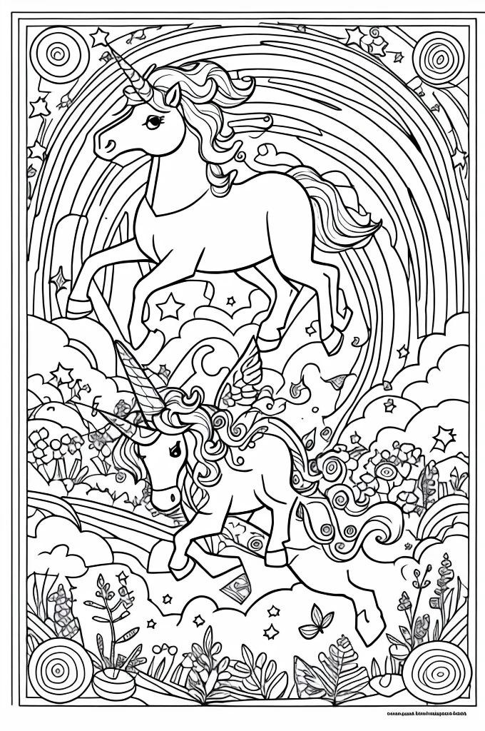 Coloring page for children with a unicorn jumping over a rainbow