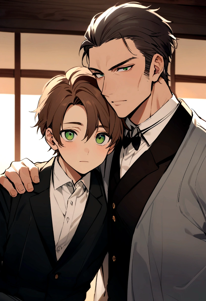 two men, John and Luke. John is 43 years old., Tall and stocky with short brown hair and green eyes.. Luke is 16 years old., Handsome and strong with thick brown hair and innocent eyes..