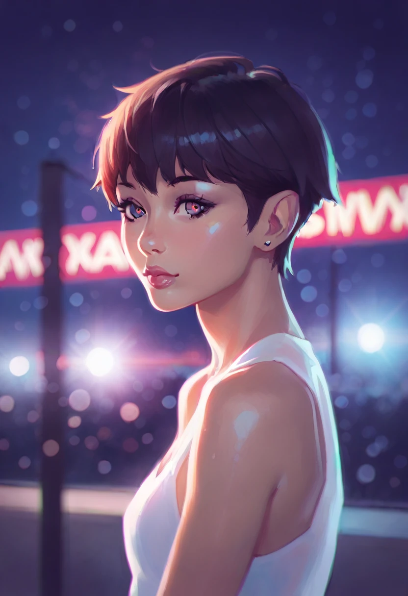 score_9, score_8_up, score_7_up, score_6_up, aesthetic portrait, 1girl,solo, short hair, bokeh, depth of field, cinematic, nighttime, neon colors, hard lights, rim lights