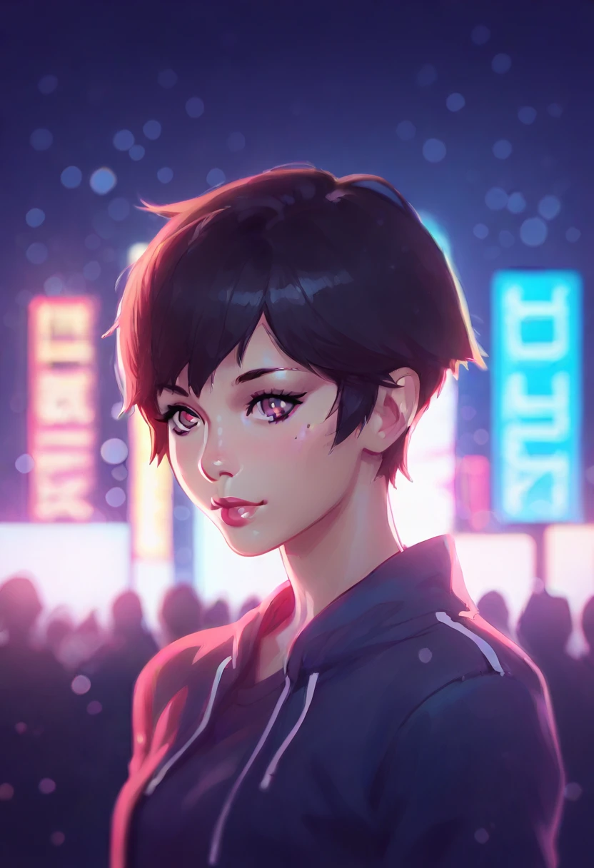 score_9, score_8_up, score_7_up, score_6_up, aesthetic portrait, 1girl,solo, short hair, bokeh, depth of field, cinematic, nighttime, neon colors, hard lights, rim lights