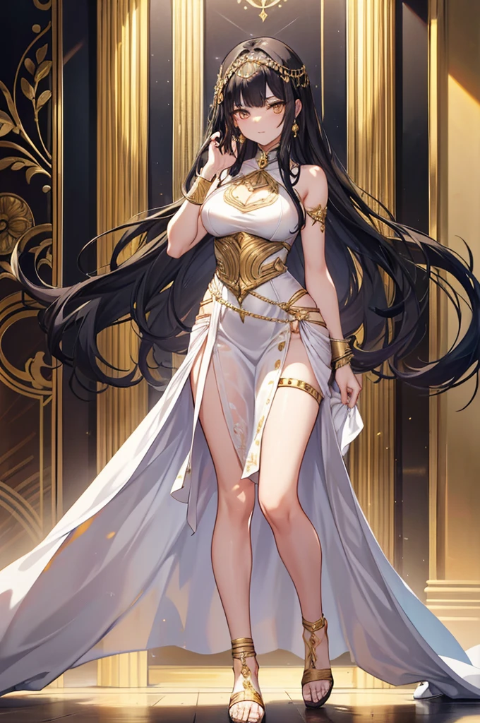20 years old, with long black hair down to her waist, golden eyes. She wears jewelry and dresses in an antique style, donning a long white dress with golden details. She wears elegant gladiator sandals. She possesses golden powers and has a golden-themed background.