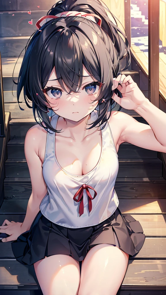 (夜のshrine、shrine、Sit on the stairs)、ponytail、15-year-old sister、((Close-up of face、Get closer to your audience、Upper body zoom))、(masterpiece:2.0), (Highest quality:2.0), Very small breasts:1.2、Very short hair、boyish:1.3、spoken heart、,White panties、((From above))、Looking up、((tears、Glare、Angry))、, (Grey mini skirt、 White tank top),, (Sexy pose:1.5), , Accurate hands,Glare、Bad mood、Looking up、Cleavage、From above、, Expressionless、Cloudy eyes、, Small breasts,, (Thin thighs are visible:1.5), I can see your crotch, Beautiful Skin, Ultra high definition, Highest Resolution, junior high school student, Black Hair, At the night festival