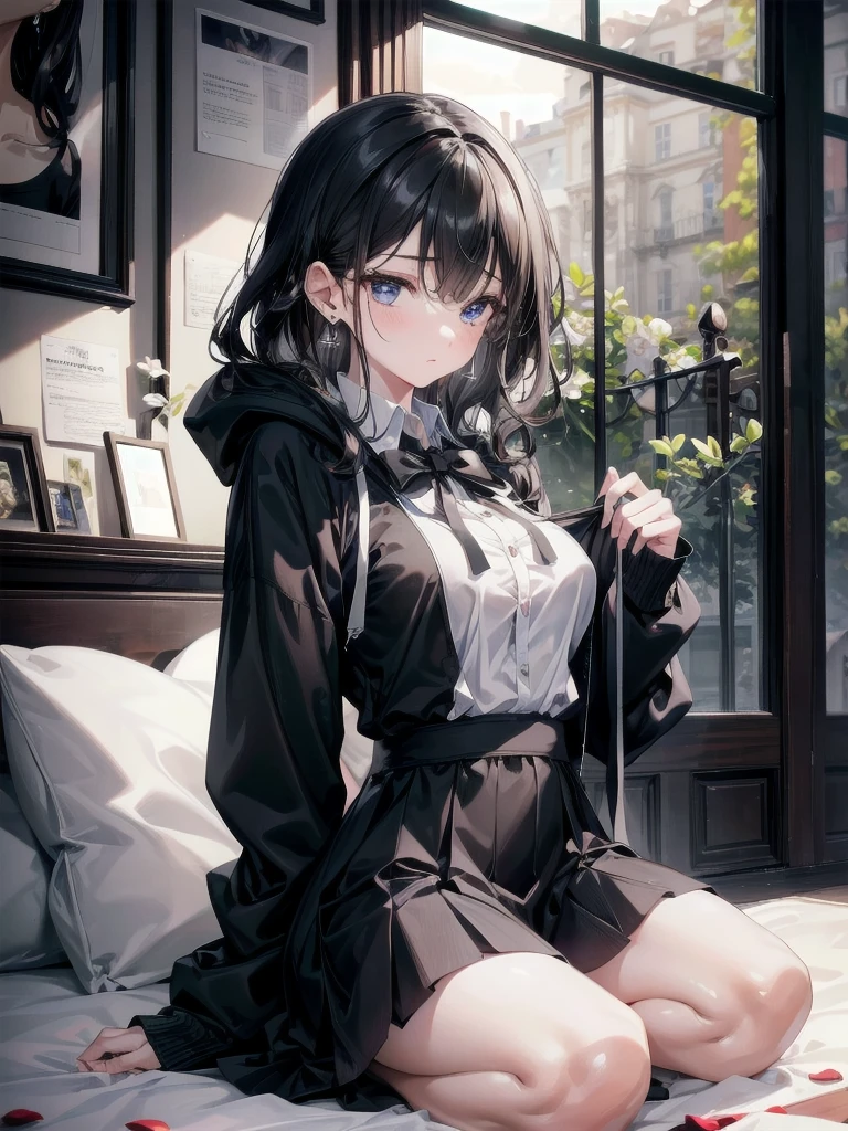 absurdres, RAW photo, extremely delicate and beautiful, masterpiece, Best Quality, ultra high resolution, 32k, hyperrealistic, ultra-detailed, delicate facial features, beautiful detailed woman, tearful mole, earring, medium breasts, full body shot, medium hair, black hair, wavy hair, collared dress shirt in hoodie, skirt,