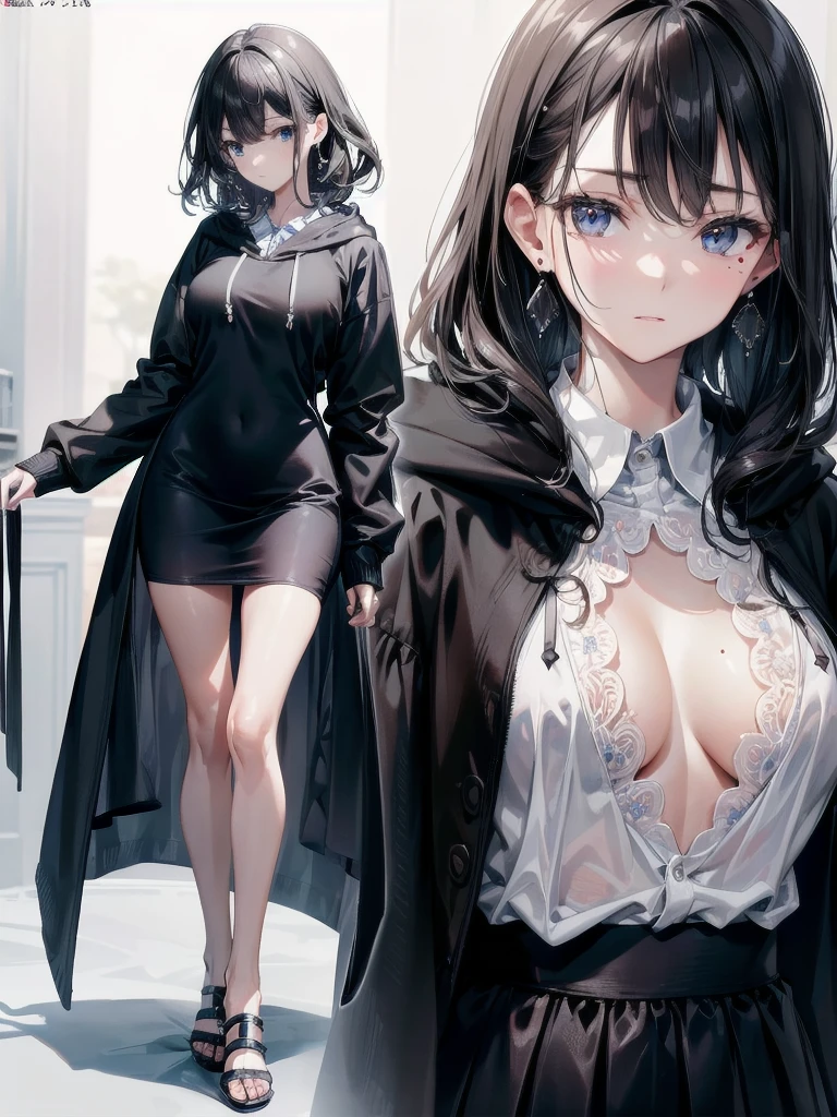 absurdres, RAW photo, extremely delicate and beautiful, masterpiece, Best Quality, ultra high resolution, 32k, hyperrealistic, ultra-detailed, delicate facial features, beautiful detailed woman, tearful mole, earring, medium breasts, full body shot, medium hair, black hair, wavy hair, collared dress shirt in hoodie, skirt,