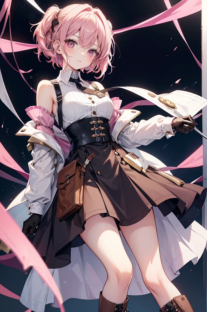 20 years old, with short pink hair just below the shoulders, pale pink eyes, and an expression that is serious yet happy. She dresses in an antique style, wearing a long light brown skirt, a sleeveless white blouse with a vertical red line down the center on the buttons, brown gloves, and high boots with many straps. Her weapons are hundreds of needles connected by thread. 